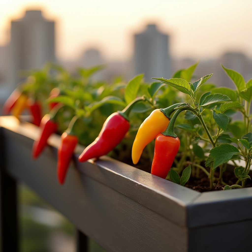 Ardei kapia roșii în jardiniere pe balcon, recoltă de toamnă