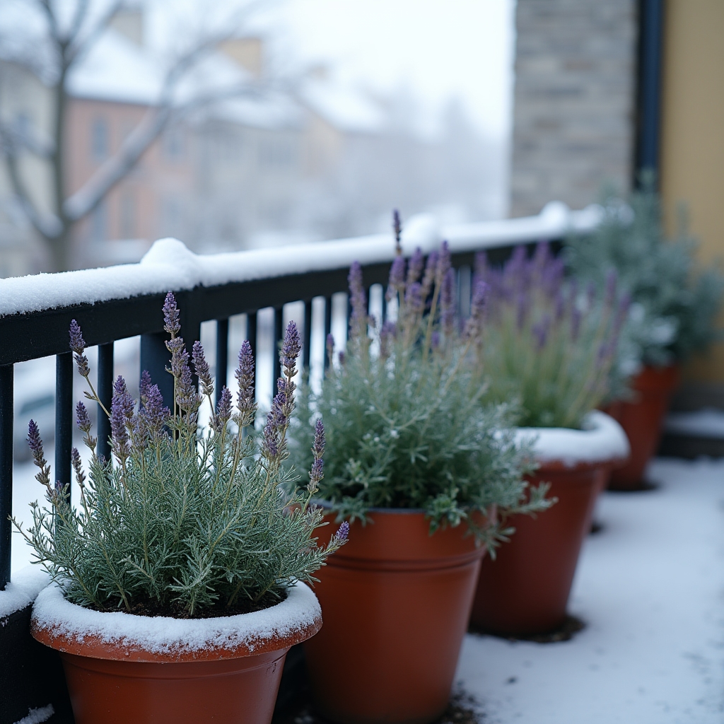 Ierburi aromatice rezistente la iarnă pe balcon acoperit de zăpadă