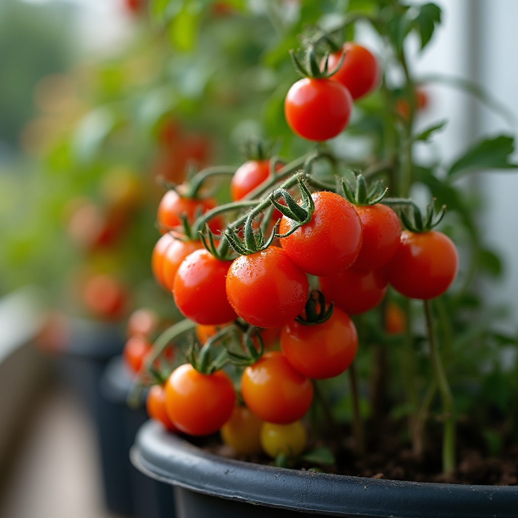 Roșii cherry coapte în ghiveci pe balcon vara în București